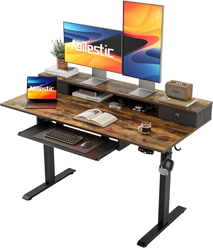 Agilestic Electric Standing Desk with 2 Drawers and Keyboard Tray, 48 x 23 Inches Ergonomic Adjustable Height Desk with Storage, Sit Stand Computer Workstation, Rustic Brown