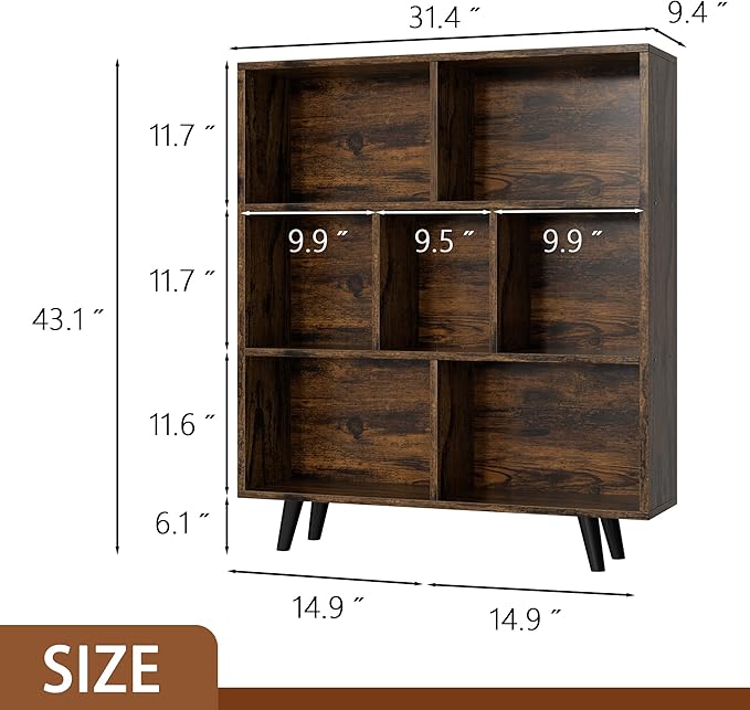 Shintenchi Cube Storage Organizer, 3 Tier Mid-Century Bookcase with Legs Cubeicals Retro Wood Organizer Storage Bookcase, Freestanding Open Book Shelves for Bedroom,Living Room,Office(Brown)