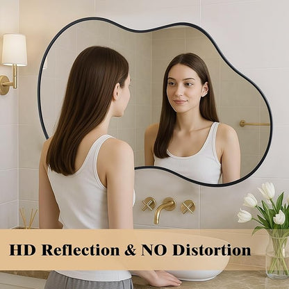 WEER Irregular Wall Mirror, 24x36 inch Black Asymmetrical Wall Mounted Mirrors Decorative, Abstract Wavy Aluminum Alloy Frame for Bathroom, Bedroom, Living Room, Entryway