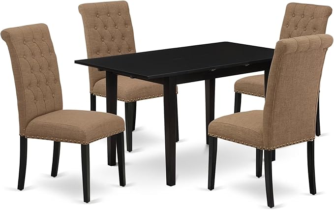 East West Furniture NOBR5-BLK-17 5 Piece Kitchen Set for 4 Includes a Rectangle Dining Room Table with Butterfly Leaf and 4 Light Sable Linen Fabric Parsons Chairs, 32x54 Inch, Black