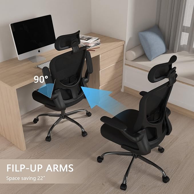 Office Chair, High Back Ergonomic Desk Chair, Breathable Mesh Desk Chair with Adjustable Lumbar Support and Headrest, Swivel Task Chair with flip-up Armrests, Executive Chair for Home Office