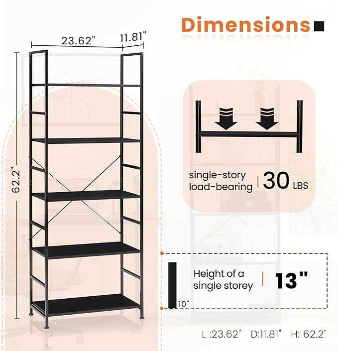DUMOS 5-Tier Book Shelf Tall Modern Bookcase Set of 2 for Books, CDs, Movies, Storage and Organization Bookshelf Industrial Home Decor for Bedroom Office Kitchen Living Room, Black & Brown