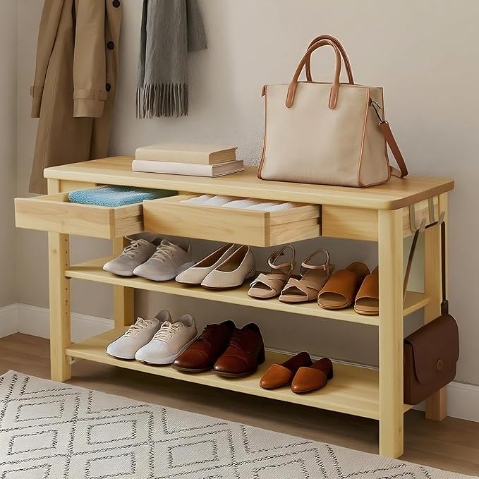 Wood Shoe Bench Entryway with Drawer: 2-Tiers Wooden Storage Shoe Rack with Bench Seat, Compact Mid-Century Modern Design for Entryway, Hallway,Closet,Front Door Entrance,Foyer Natural 39.3"