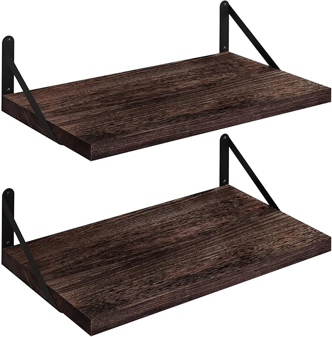 SAUMONIERES Floating Shelves Wall Bookshelf for Bedroom Bathroom Living Room Wood Wall Mounted Wide Deep Storage, Rustic Brown 24 Inch Wall Shelves Set of 2