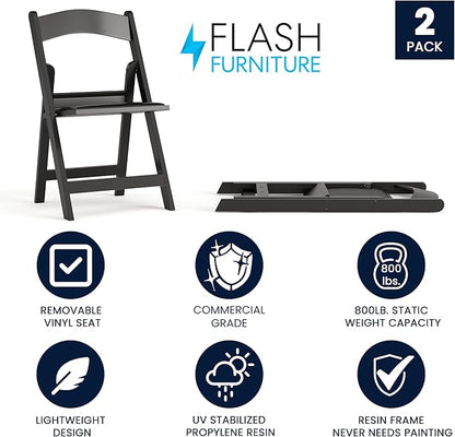 Flash Furniture Hercules Series Folding Chair - Black Resin - 2 Pack 800LB Weight Capacity Comfortable Event Chair - Light Weight Folding Chair