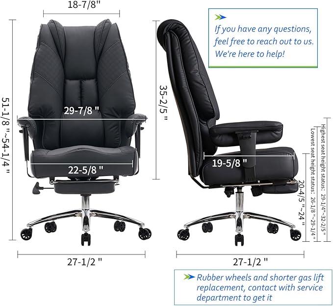 Big and Tall Office Chair 400lbs Wide Seat, Leather High Back Executive Office Chair with Foot Rest, Ergonomic Chairs Lumbar Support for Lower Back Pain Relief (Black)