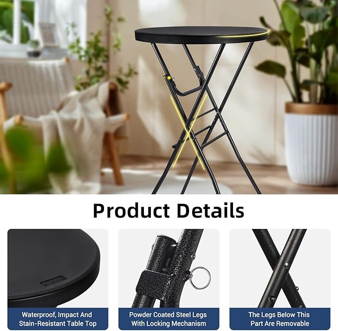 Cocktail Table 28in High Top Round Folding Indoor Outdoor, Plastic Bar Height Foldable Bistro Tall Table for Party, Patio, Dining Room, Kitchen, Events, Removable Locking Legs, Black