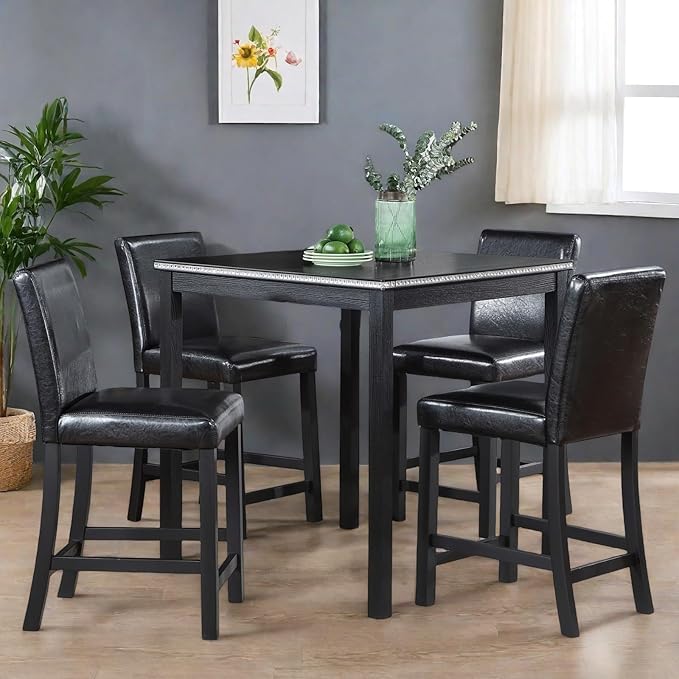 Dining Table Set for 4, 5-Piece Dining Room Table Set with Square Crystal Decoration Table & 4 Upholstered Backrest Chairs, Counter Height Kitchen Sets with Wood Grain & Footrest, Black
