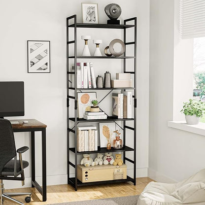 OTK 6 Tier Adjustable Bookshelf, Tall Bookcase, Office Shelf Storage Organizer, Modern Book Shelf for Living Room, Bedroom, and Home Office, Black