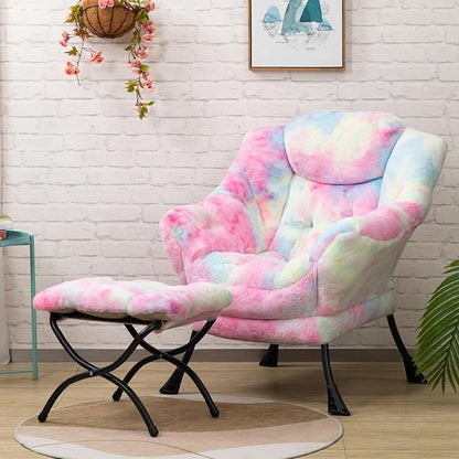 HollyHOME Faux-Fur Lazy Chair with Foldable Ottoman, Accent Comfy Lounge Arm Chair and Folding Footrest Stool Set, Leisure Sofa Reading Chair and Footstool for Living Room, Bedroom, Dorm, Colorful