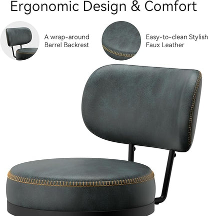 Counter Height Bar Stools, 26" H Swivel Barstools Set of 2, Faux Leather Kitchen Counter Stools with Back and Stylish Stitching, Metal Frame, Pub, Home Bar, Balck Green