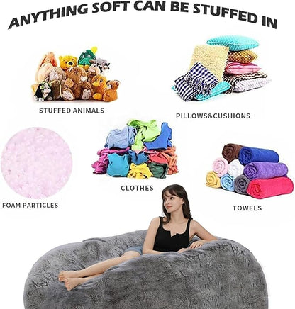 BCU 6FT Bean Bag Chair for Adults and Kids Without Filler Giant Stuffed Animal Storage Cover Soft Faux Fur Floor Chair Cover for Bedroom Living Room, Blue