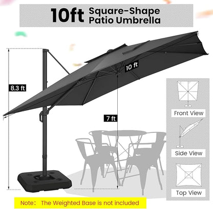 Hoteel 10ft Patio Umbrella Heavy Duty Aluminum Windproof & Shade Provision Outdoor Cantilever Double Top Offset Large Umbrella Height Adjustable with 360°Rotation for Patio Pool Deck Gazebo, Gray