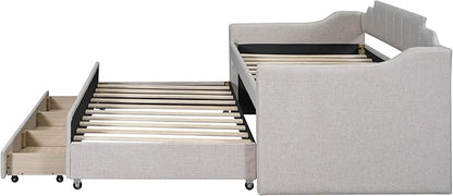 Twin Size Upholstered Daybed with Trundle and Three Lower Drawers,Linen Sofa Bed for Apartment Living Room Guest Room,Solid Wood Trundle Day Bed Frame, No Box Spring Needed,Beige