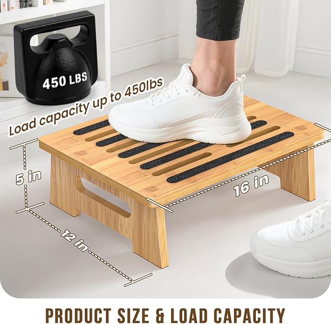 One Step Stool for Adults Seniors and Kids with Non-Slip Surface, Natural Bamboo Stepping Stools for High Bed, Bathroom and Kitchen, Hold Up to 450 LBS, Lightweight, Waterproof, Easy to Install