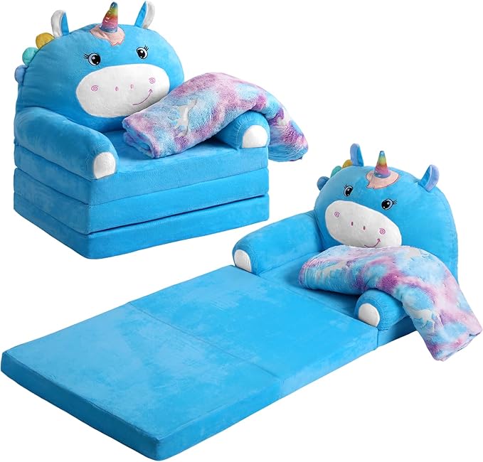 Unicorn Kids Couch Fold Out 2-in-1 Toddler Sofa Fold Out with Blanket, Soft Toddler Chair Comfy for Boys Girls Baby, Convertible Sofa to Lounger for Napping Reading Playing Christmas, Blue
