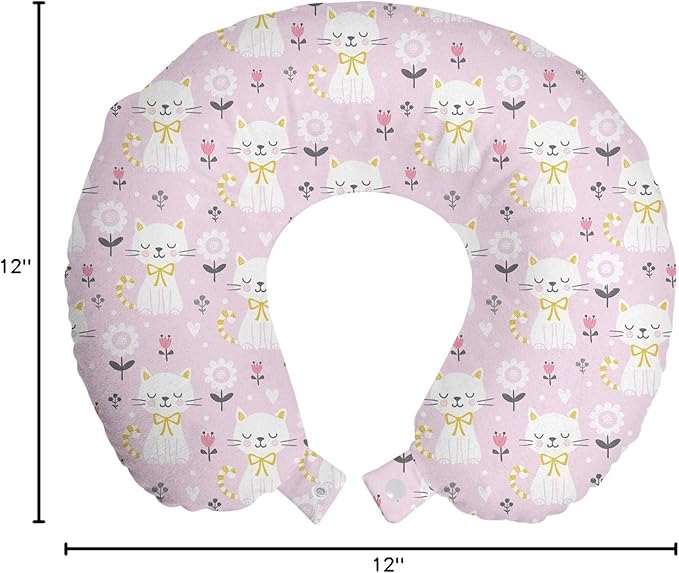 Ambesonne Kitten Travel Pillow Neck Rest, Flowers Cats with Striped Tails and a Ribbon, Memory Foam Traveling Accessory for Airplane and Car, 12", Mauve Pale Pink