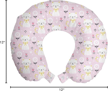 Ambesonne Kitten Travel Pillow Neck Rest, Flowers Cats with Striped Tails and a Ribbon, Memory Foam Traveling Accessory for Airplane and Car, 12", Mauve Pale Pink