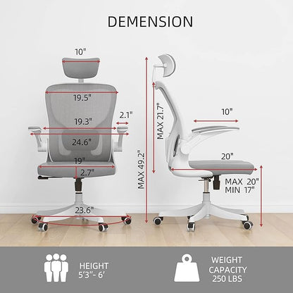 Monhey Office Chair Ergonomic Desk Chair with Lumbar Support&Headrest&Flip-up Arms Height Adjustable Rocking Swivel High Back Computer Chair Warm Taupe Mesh Study Chair (01White+Gray)