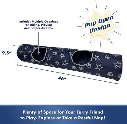 NFL Dallas Cowboys Cat Tunnel Tube Toy with Plush Football Catnip and Feathers Collapsible Tunnel for Cats to Play, Peek and Hide, Sporty & Fun Cat Tunnel Toy with Team Logo All-Over Design!