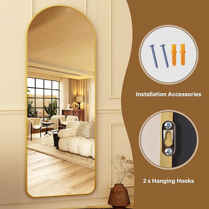 HARRITPURE 64"x21" Arched Full Length Mirror Floor Mirrors with Aluminum Alloy Frame Free-Standing Wall Mounted or Leaning Large Bedroom Dressing Mirror Modern & Contemporary Decor for Home,Gold