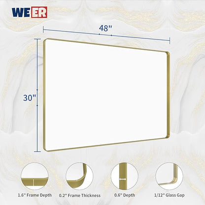 WEER Gold Bathroom Mirror, 48X30 Inch Brushed Gold Metal Frame Mirror, Rounded Rectangle Gold Bathroom Vanity Mirror for Wall, Tempered Glass, Anti-Rust, Hangs Horizontally or Vertically