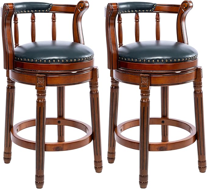 Cow top Leather Wooden Bar Stools, 360 Degree Swivel Bar Height Chair with Backs for Home Kitchen Counter, Morden Chair Barstools (Dark Blue 2pcs, Counter Height-Seat Height 26”)