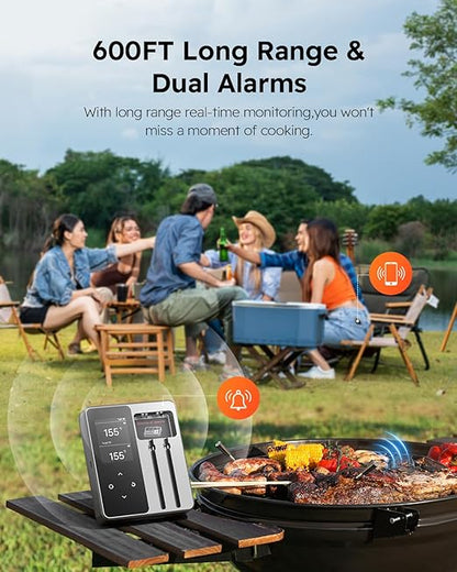 Wireless Meat Thermometer with App Control, 600FT Bluetooth Range, Dual Probes & 6 Sensors, 0.5S Instant Read, LCD Display, IP67 Waterproof Real-Time Monitoring & Smart Alerts for BBQ, Grill, Oven