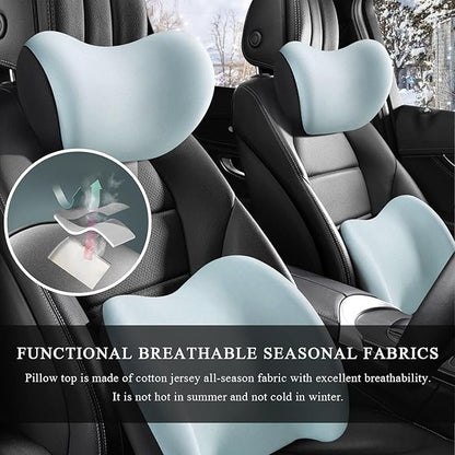 Car Headrest & Lumbar Support Cushion, Ergonomic Memory Foam Car Neck Back Support w/Removable Cover, Universal Breathable Lumbar Cushion Headrest Pillow with Adjusatble Strap (Sky Blue)