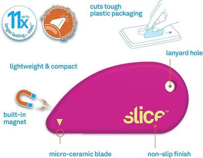Slice Micro Safety Cutter | Safe Ceramic Box Cutter Lasting 11x Longer than Metal | Keychain Box Opener | Combo Pack | Vivid Green + Fuchsia