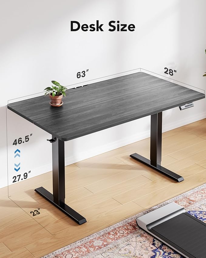 HUANUO 63" x 28" Electric Standing Desk Adjustable Height, 4 Memory Height Settings, Headphone Hook, Cable Manager, Sit Stand Up Desk for Home Office & Computer Workstation, Grey