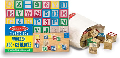 Melissa & Doug Deluxe Wooden ABC/123, 50-Piece Set of Classic Letter & Number Wooden Blocks (1” x 1”) with Storage Pouch, Sorting & Stacking Toys for Kids Ages 2+
