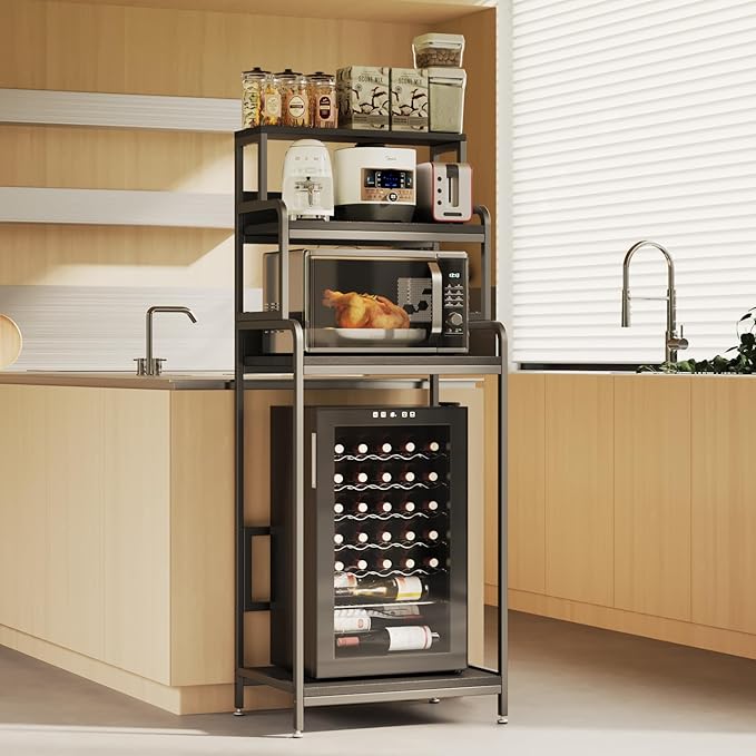 4-Tier Mini Fridge Stand with Storage,Mini Fridge Cabinet with Storage,Mini Fridge and Microwave Oven Stand,Bakers Rack,Mini Fridge Shelf for Home Office Dorm(Black Wood Grain)