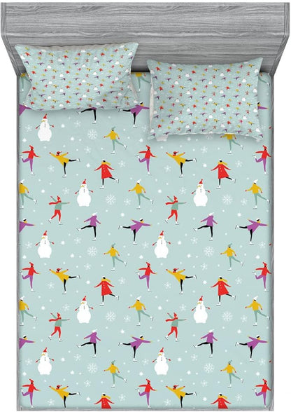 Ambesonne Ice Skates 2 Pack Fitted Sheet & Pillow Sham Set, Colorful Human on Ice, 4 Pcs Bedding Decor, Package Contains 2 Queen Size Fitted Sheets & 4 Pillow Covers, Pale Seafoam Multicolor
