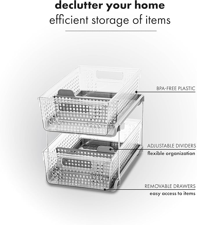 madesmart 2 Tier Organizer, Under Cabinet Storage with Pull Out Sliding Drawers, for Cleaning Supplies, Undersink, Sponges, Bottles & Bath, Adjustable Dividers & Pull Out Baskets, Grey