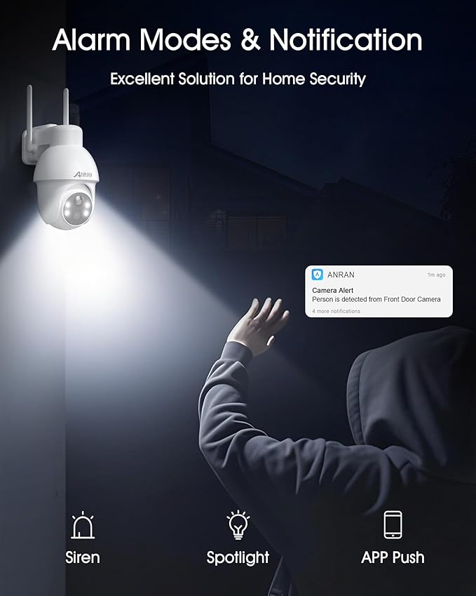 ANRAN 2K Solar Security Camera Wireless Outdoor, 360° Pan/Tilt Color Night Vision, PIR Human Detection, 2-Way Audio, Weatherproof, Compatible with Alexa, 2.4GHz WiFi Only
