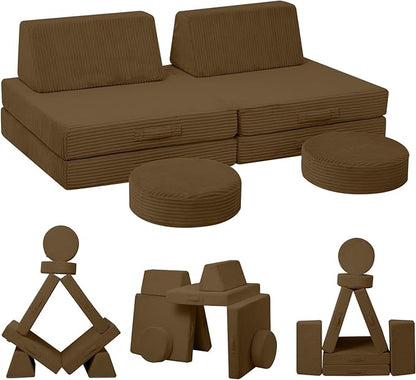 MeMoreCool Kids Couch for Playroom, Corduroy Convertible Toddler Couch, 8 Piece Modular Play Sofa, Foam Fort Building Set for Child Room Furniture, Brown