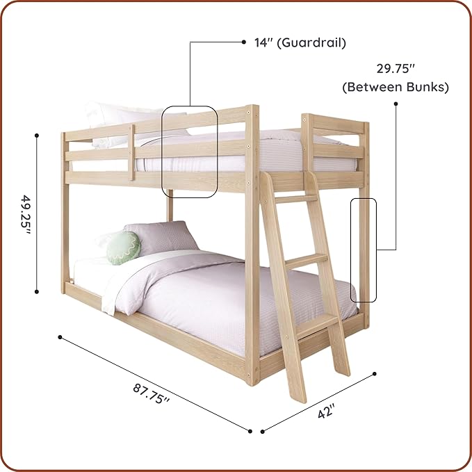 Grain & Grove Bear Twin Over Twin Bunk Bed, Low Bunk Bed Frame for Kids, Bunk with Ladder, Guardrail and Slats, No Box Spring Required, Oak Embossed Natural