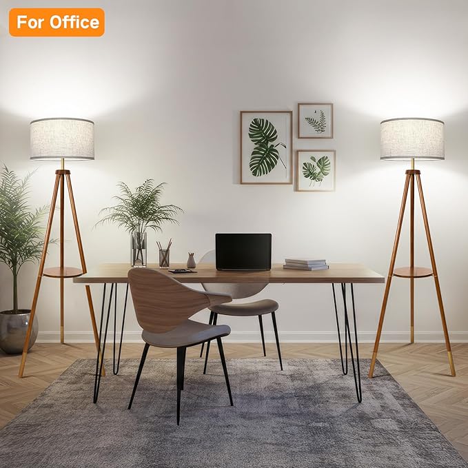 OUTON Wood Tripod Floor Lamp with Shelves, Mid Century Floor Lamp with Remote Control, 4 Color Temperature, LED Modern Dimmable Standing Lamp for Living Room, Bedroom, Office, Walnut & Gold