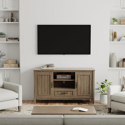 SIMPLIHOME Lev SOLID WOOD 53 Inch Wide Contemporary TV Media Stand in Smoky Brown for TVs up to 60 Inches, For the Living Room and Entertainment Center