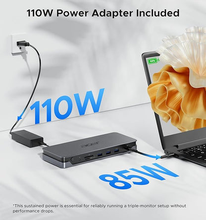 Acer Premium 13-in-1 Docking Station with 110W PD & Triple Monitor Support | Dual 4K HDMI and DP,5Gbps USB A/C,Gigabit Ethernet,Security Lock | Laptop Docking Station for Windows/Dell/HP/Lenovo/Asus