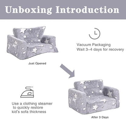 Tiita Kids Chair Couch, Folding Toddler Comfy Sofa Chairs, 2-in-1 Kids Plush Sofa Fold Out, Baby Armrest Chair Sofa to Lounger, Convertible Play Sofas to Bed for Girl or Boy, Grey Star
