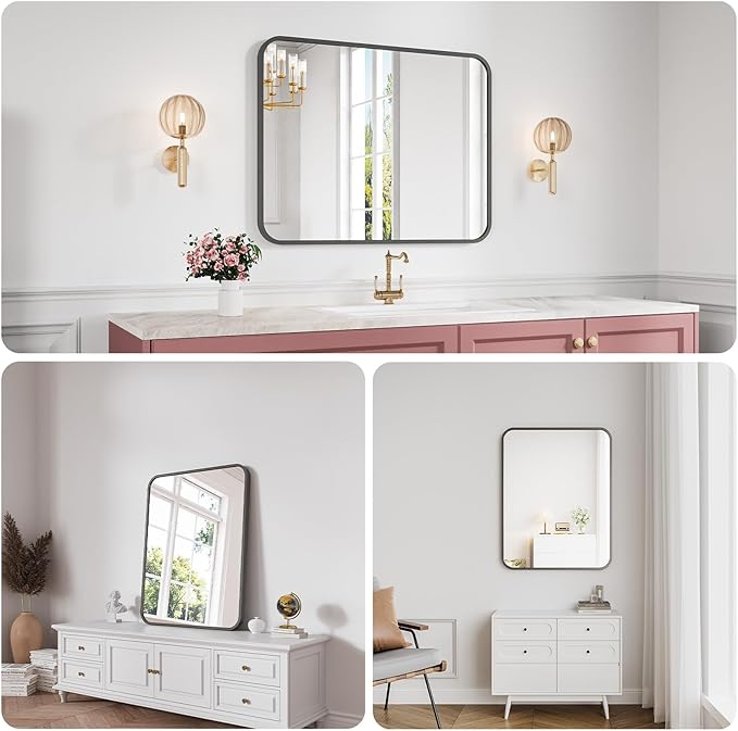Koonmi Bathroom Mirror, 28X36 Brushed Black Rectangle Wall Mirror, HD Tempered Glass, Anti-Rust Frame Vanity Mirror, Rounded Rectangle Mirror for Restroom, Bedroom, Hangs Horizontal or Vertical