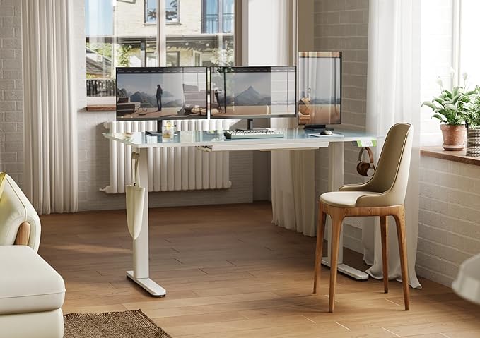 INNOVAR Glass Standing Desk with Drawers, Adjustable Height Stand Up Desk, Electric Standing Desks with Storage, 55 inch, Morandi Blue