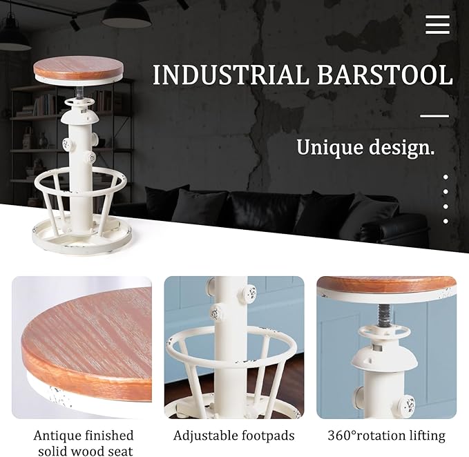 Topower Aged Antique Industrial Round Bottom Adjustable Height Cafe Coffee Retro Vintage Stylish Water Pipe Design Pub Kitchen Bar Stool (Antique White, Wooden Top)