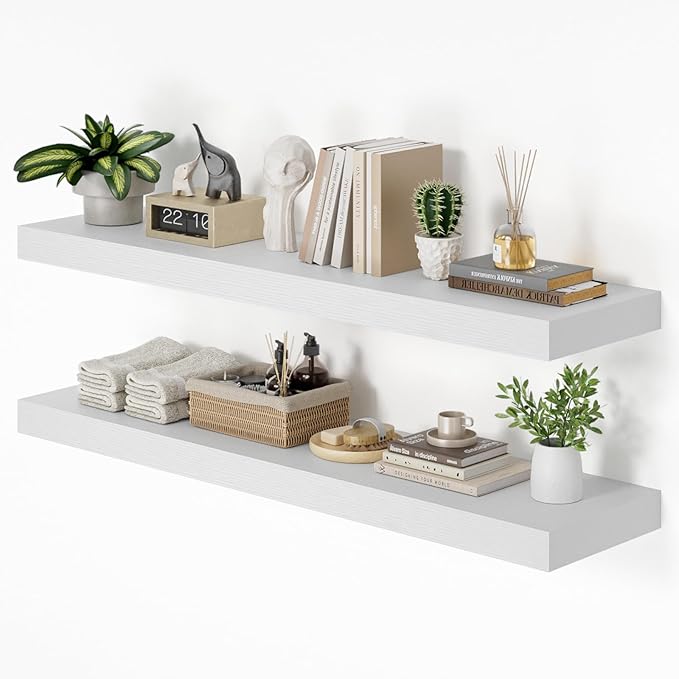 Heimlove 48W x 12D Long Floating Shelf, 12 Inch Deep White Floating Shelves for Wall Set of 2, Wood Shelves for Bedroom Living Room Bathroom Kitchen Home Office, Wall Shelves with Heavy Duty Bracket