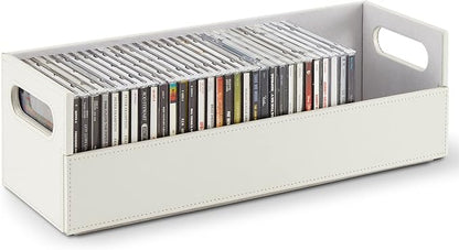 Stock Your Home CD Storage Box, Organizer Shelf for Movie Cases, DVDs, Cassette Tape Display Stand, Disc Holder Can Store Up to 40 CDs, Faux Leather (White)