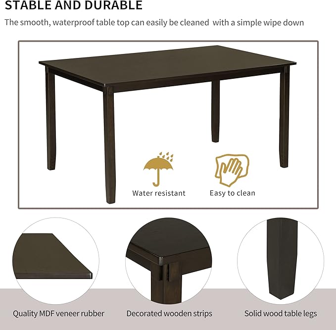 SogesPower 6-Piece Kitchen Dining Table Set for 4-6,Rectangular Dining Table with 4 Fabric Chairs & 1 Bench for Dining Room Living Room,Espresso