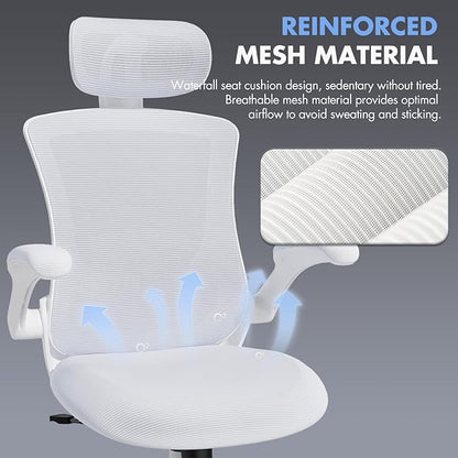 Ergonomic Office Chair with Adjustable Lumbar Support & Headrest, High Back Mesh Desk Chair with Flip-Up Armrests, Breathable & Comfortable Computer Chair for Home, Office & Study –White