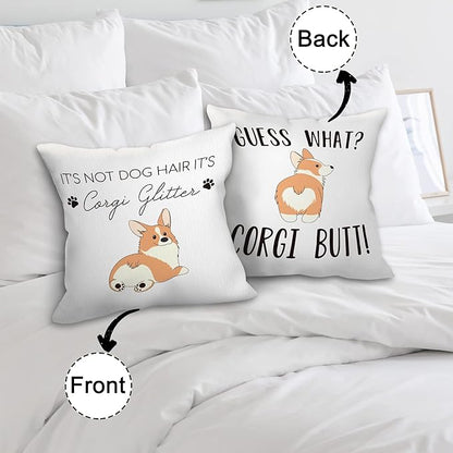 Hope You Like Corgis Welcome Door Mat Doormat 17”x30”,It's Not Dog Hair It's Corgi Glitter Reversible Throw Pillow Cover 18”x18”,Set of 1 Pillow Cover 1 Doormat Decor for Home Girls Kids Room